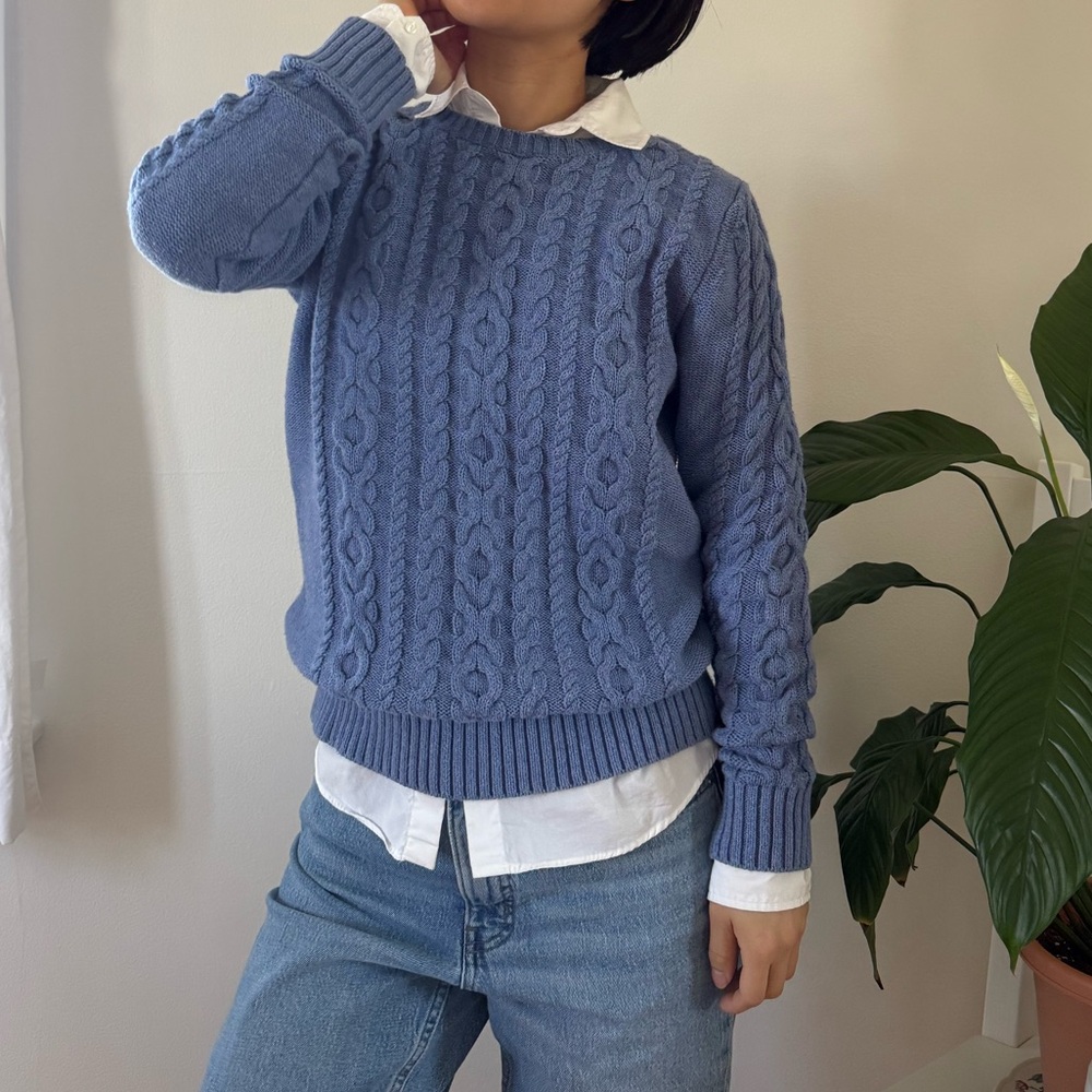 LL Bean 100% Cotton Cable Knit Sweater Blue Preppy Cottagecore Size Small
